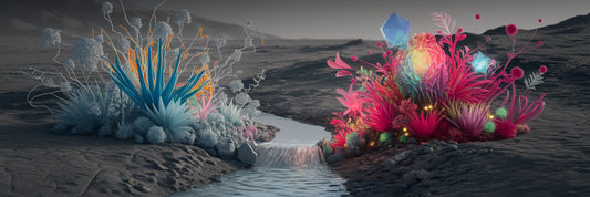 Abstract landscape transforming with vibrant life